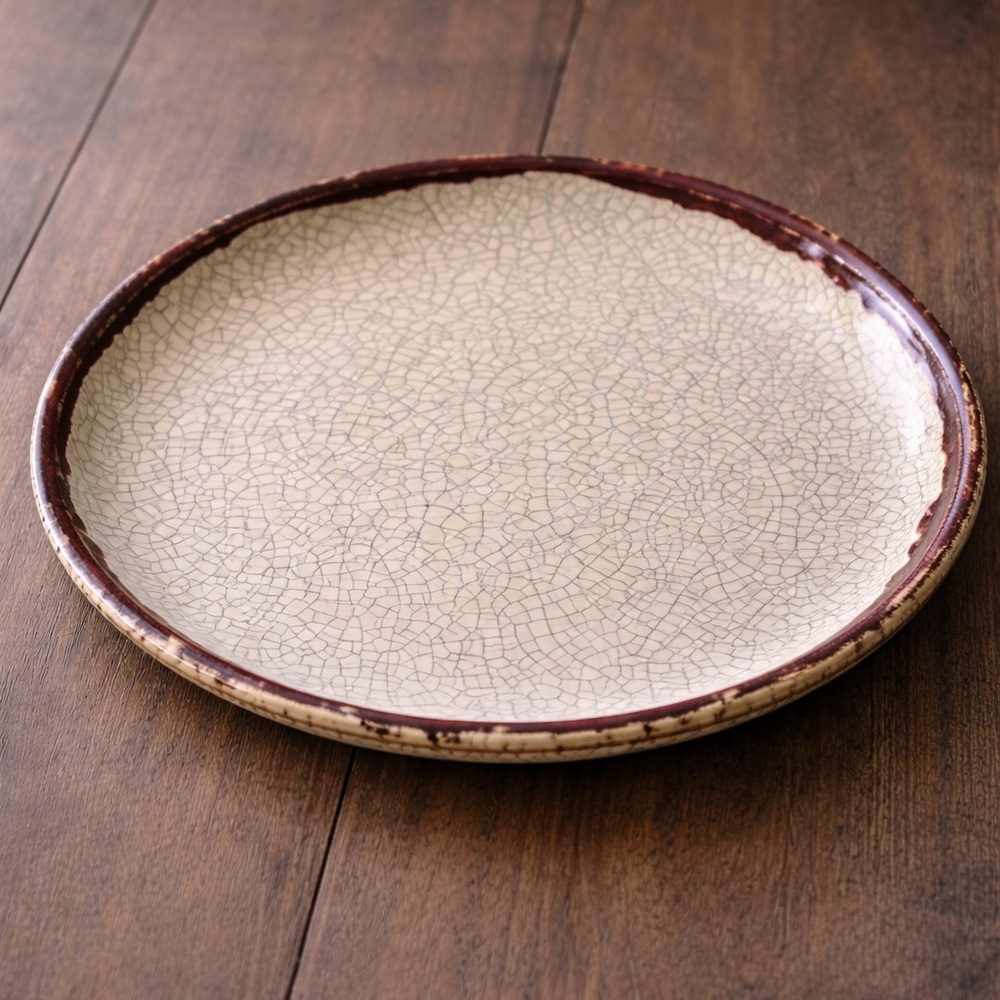 Pier 1 Crackle Collection Glaze round Platter with Burgundy rim farmhouse decor